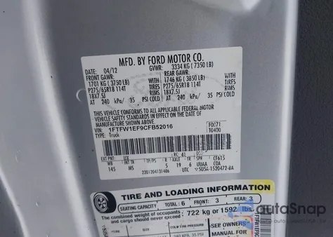 2012 Ford F-150 Xlt z USA, uszkodzony, nr VIN 1FTFW1EF9CFB52016